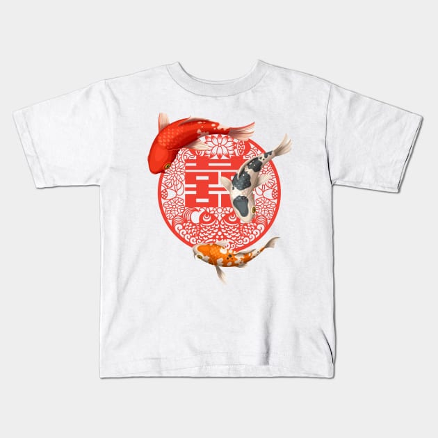 Double Happiness Koi Fish Bright Red and Orange - Hong Kong Retro Kids T-Shirt by CRAFTY BITCH